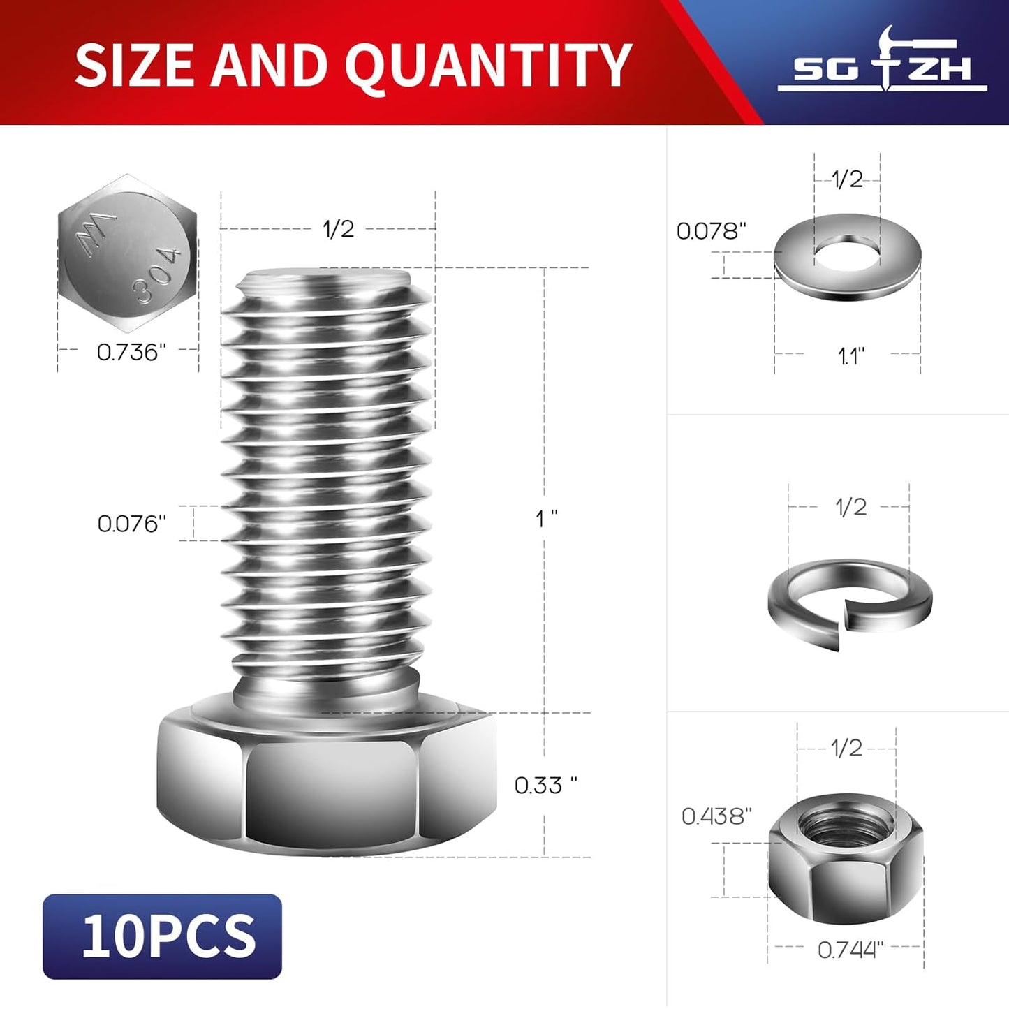 1/2-13 x 1" Hex Head Screw Bolt, Nuts, Flat & Lock Washers, 10Pcs 18-8 (304) Stainless Steel, Fully Threaded, by SG TZH