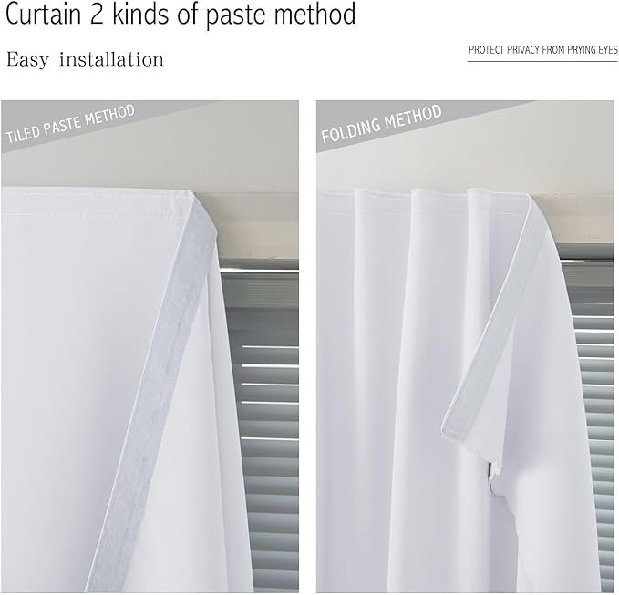 self Adhesive Curtains Portable Blackout Curtain Simple and Easy to Install Bedroom Window Thermal Lnsulated Kitchen Room Darkening Black Small Drapes, 47" W X 71" L, White, 1 Panel