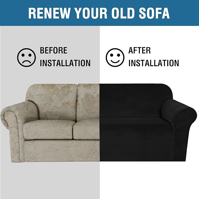H.VERSAILTEX Stretch Velvet Sofa Covers Large Couch Covers Sofa Slipcovers with Non Slip Straps Underneath The Furniture, Feature Thick Comfy Rich Velour (XL Sofa, 98"-105", Black)