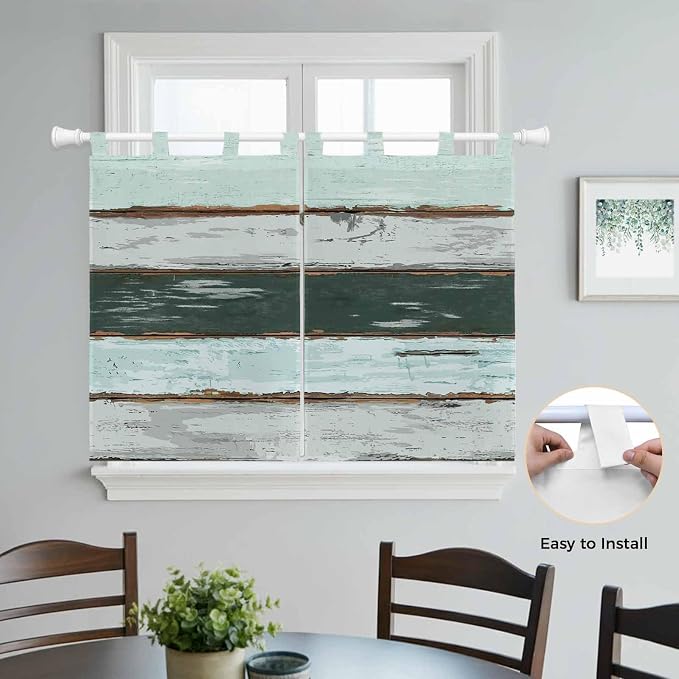 Blue Teal Kitchen Curtains 45 Inch Length, Short Cafe Window Curtains Tab Top - Image 4
