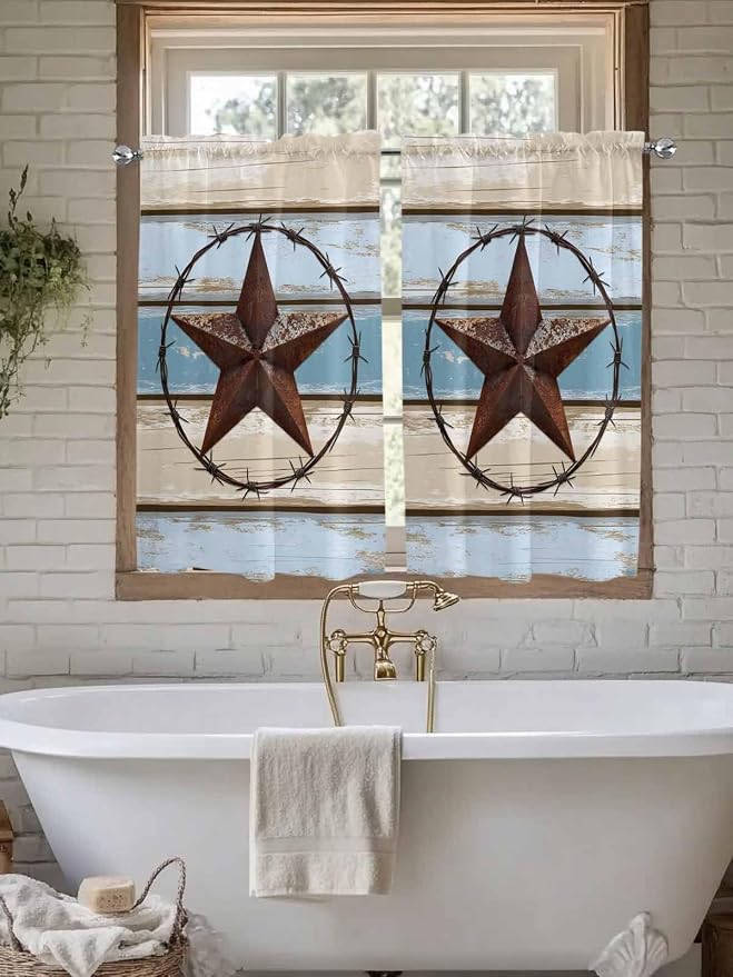 Vintage Western Star on Wood Grain Window Valance Curtains, Retro Wooden - Image 5