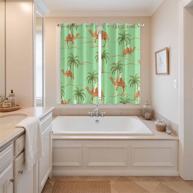 2 Panel Kitchen Cafe Curtains, Desert Camels Sunlight Filtering Nature Air - Image 3