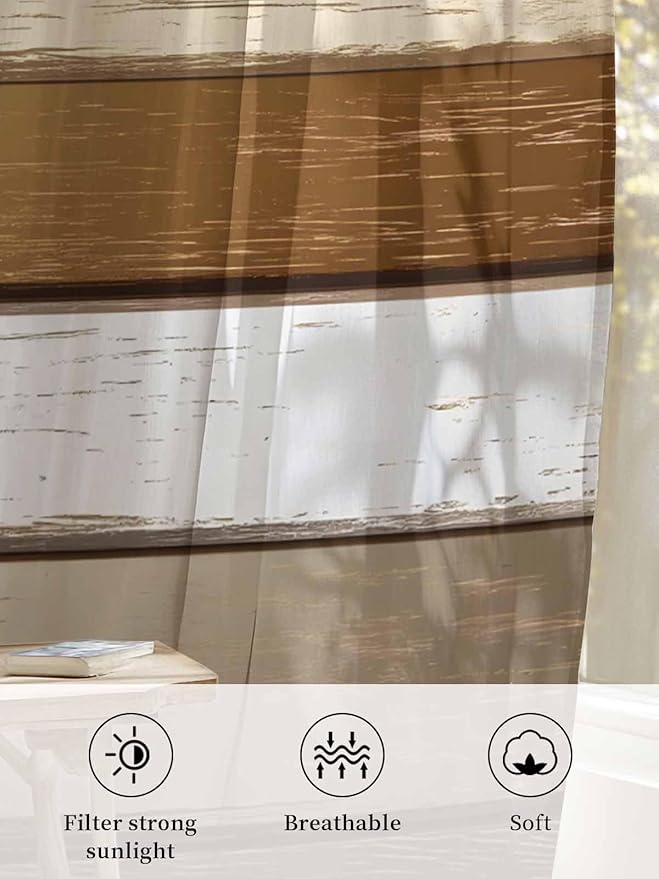 Sheer Curtains 108 Inches Long, Vintage Geometric Brown Semi Sheer Curtains - Image 6