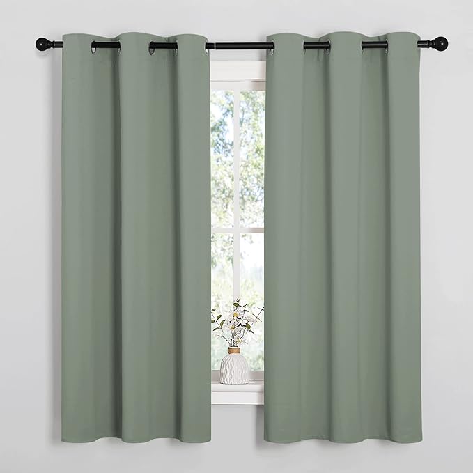 NICETOWN Greyish Green Nursery Essential Thermal Insulated Solid Grommet Top Blackout Short Curtains/Drapes for Son's Room (1 Pair, 42 x 63 inches)