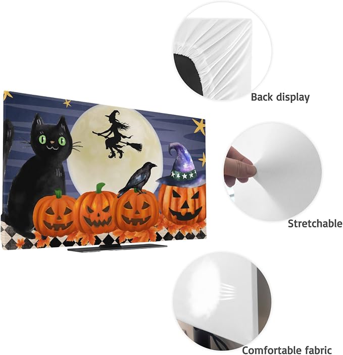 Pumpkin Black Cat Halloween Witch Indoor TV Cover, Elastic TV Screen Protector - Image 7