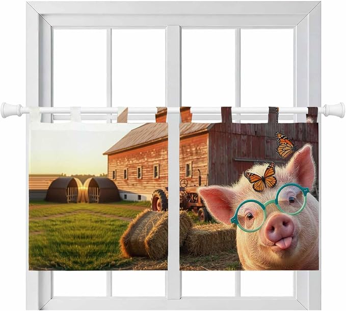 Farm Pig Kitchen Curtains 24 Inch Length, Small Window Curtains Tab Top by Unknown