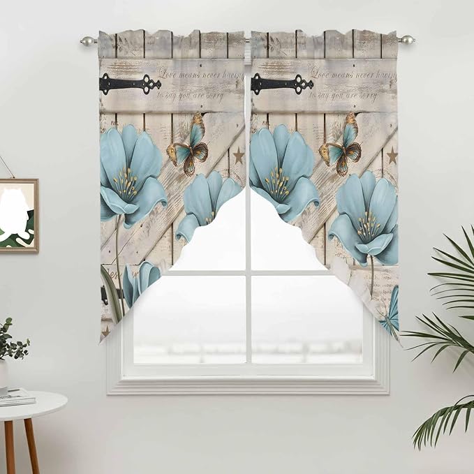 Teal Blue Tulips Swag Valances for Windows, Spring Floral Barn Doors Vintage - Image 3