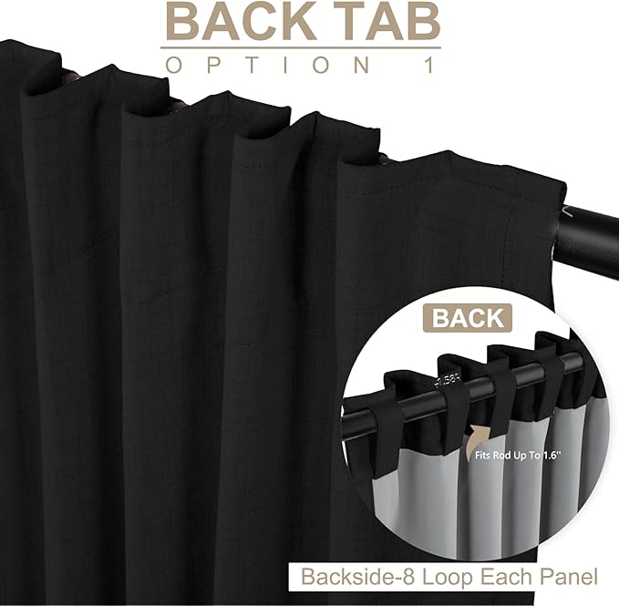 100% Blackout Shield Linen Blackout Curtains for Bedroom 72 Inches Long, Back Tab/Rod Pocket Living Room Drapes, Thermal Insulated Blackout Curtains 2 Panels Set, 50" W x 72" L, Black