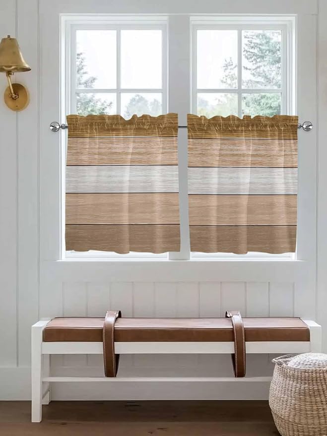 Retro Farm Wood Board Window Valance Curtains, 2 Panel by IDOWMAT
