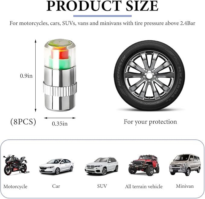 KVAEY 8 PCS Tire Pressure Monitor Valve Caps, 3 Color Eye Alert Tire Pressure - Image 2