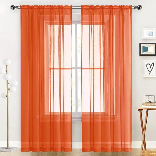 SpaceDresser Sheer Voile Window Treatment Rod Pocket Curtain Panels for Kitchen Bedroom Living Room Drapes Sunlight Filtering Privacy Semi Home Decor Assorted (Burnt Orange, 52 W x 84 L)