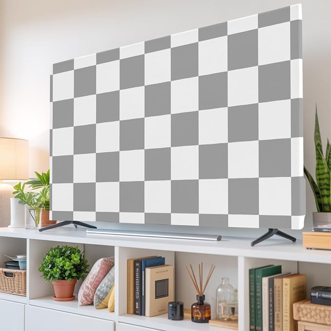 White Gray Buffalo Plaid Indoor TV Cover, Elastic TV Screen Protector - Image 6