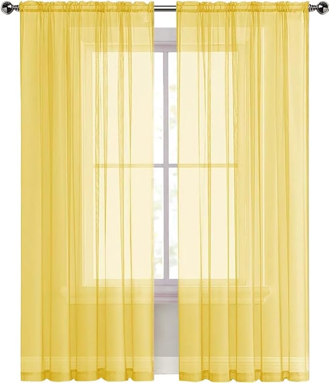 SpaceDresser Sheer Voile Window Treatment Rod Pocket Curtain Panels for Kitchen Bedroom Living Room Drapes Sunlight Filtering Privacy Semi Home Decor Assorted Colors Sizes (Yellow, 52 W x 108 L)