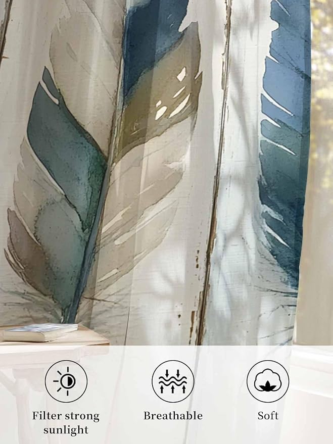 Sheer Curtains 63 Inch Length, Boho Blue Feathers Semi Sheer Curtains Light - Image 6