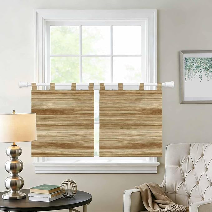 Light Brown Wood Grain Kitchen Curtains 36 Inch Length, Small Window Curtains - Image 2