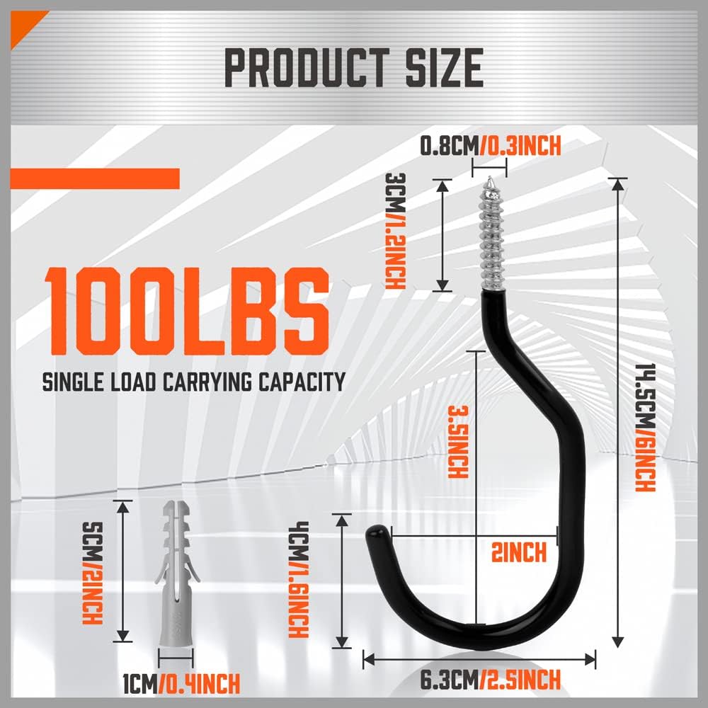 HORUSDY 12 Pack Heavy Duty Bike Hooks - 6 Inch, 100LBS Capacity for Garage Wall and Ceiling
