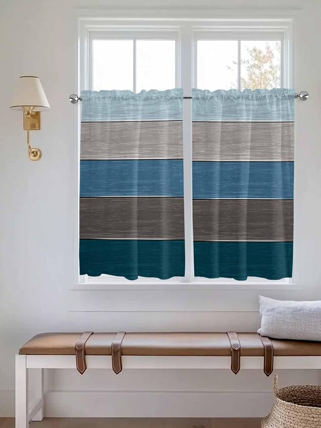 Retro Farm Blue Gray Wood Grain Window Valance Curtains, Rustic Wooden Plank by IDOWMAT