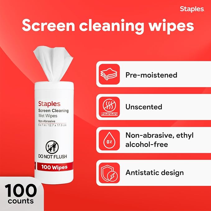 Staples Screen Cleaning Wipes – 100‑Count Tub - Image 2