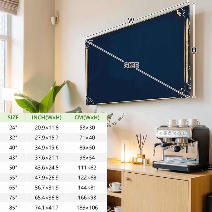 Navy Blue Retro Floral Border Indoor TV Cover, Elastic TV Screen Protector - Image 3