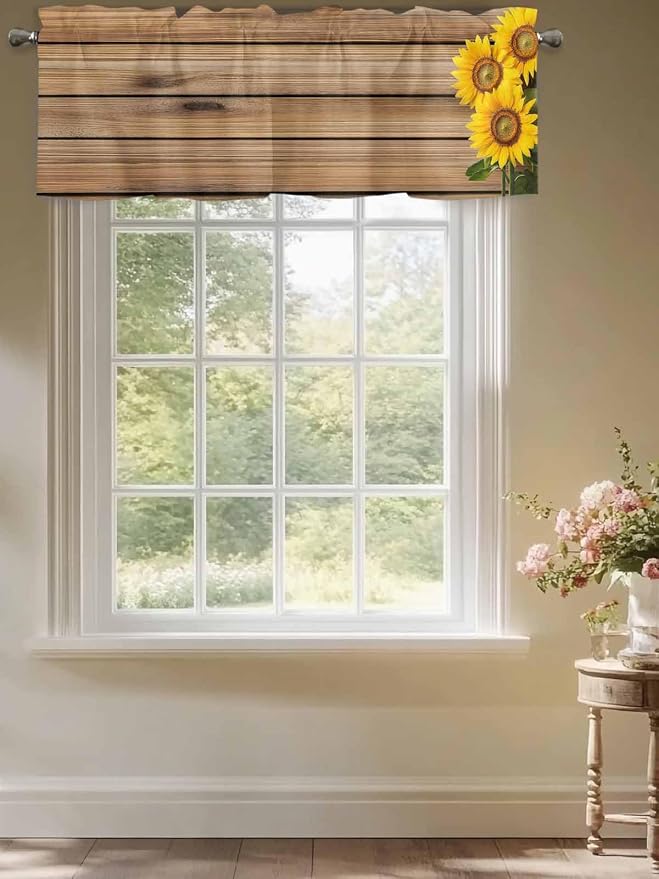 Kitchen Valances for Window, Farm Sunflower on Vintage Wood Grain Light - Image 8