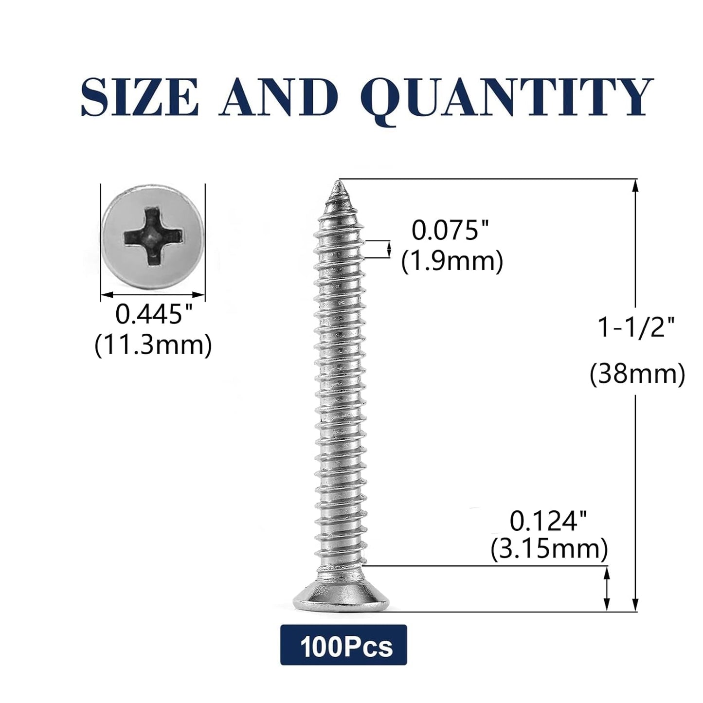 #14 x 1-1/2" Wood Screw 100Pcs 18-8 (304) Stainless Steel Screws Flat Head Phillips Fast Self Tapping Drywall Screws by SG TZH