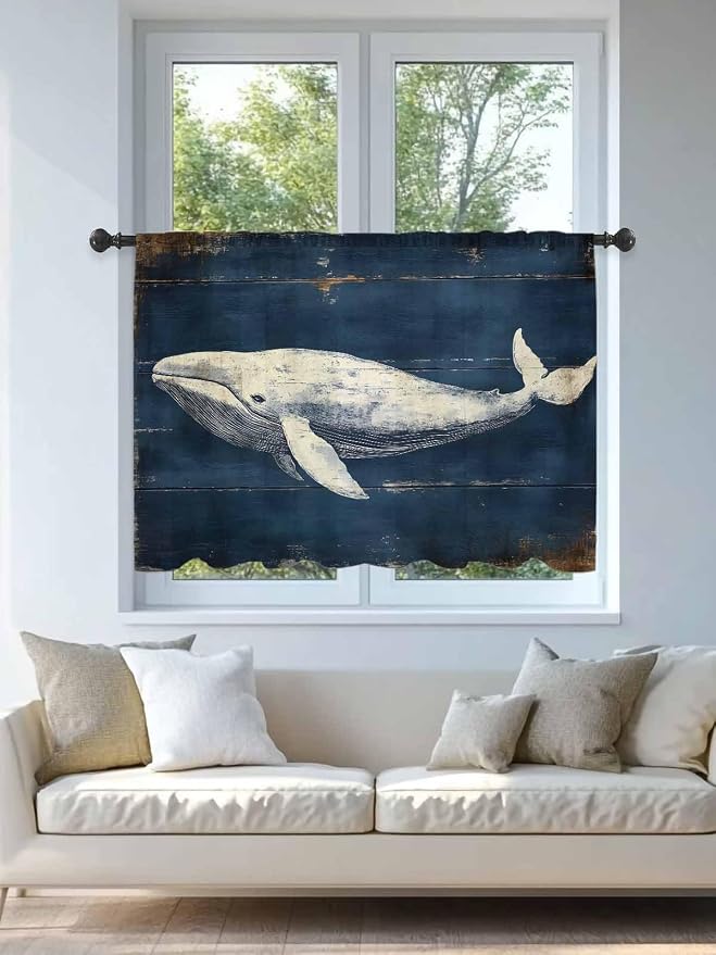 Sheer Curtains 54 Inch Length, Ocean Vintage Whale Semi Sheer Curtains Light - Image 4