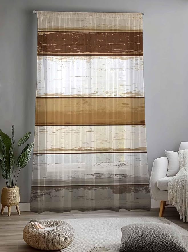 Sheer Curtains 108 Inches Long, Vintage Country Geometric Striped Privacy Voile - Image 2