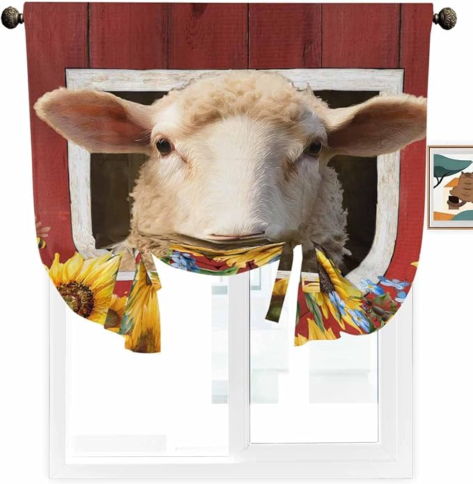 Tie Up Curtains for Windows, Sheep Sunflower Adjustable Balloon Nature Linen - Image 2