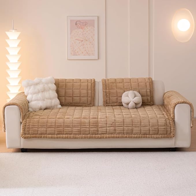 Couch Cover for Dogs Washable, Fuzzy Pet Couch Covers for 3 Cushion Sofa Pet Friendly, Non Slip Sofa Cover (Light Brown, 27.6" x 27.6"/70 x 70cm 2 PCS)