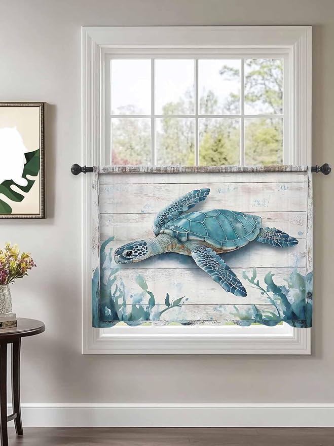 Sheer Curtains 45 Inch Length, Teal Green Sea Turtle Semi Sheer Curtains Light - Image 2