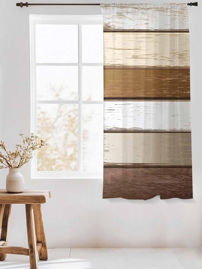 Sheer Curtains 63 Inch Length, Vintage Geometric Brown Semi Sheer Curtains - Image 3