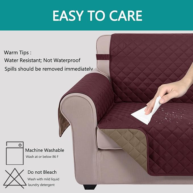 U-NICE HOME Loveseat Sofa Cover Reversible Couch Covers for 2 Cushion Couch for Dogs Furniture Protector Cover with Elastic Straps Water Resistant(Loveseat Small, Burgundy/Tan)