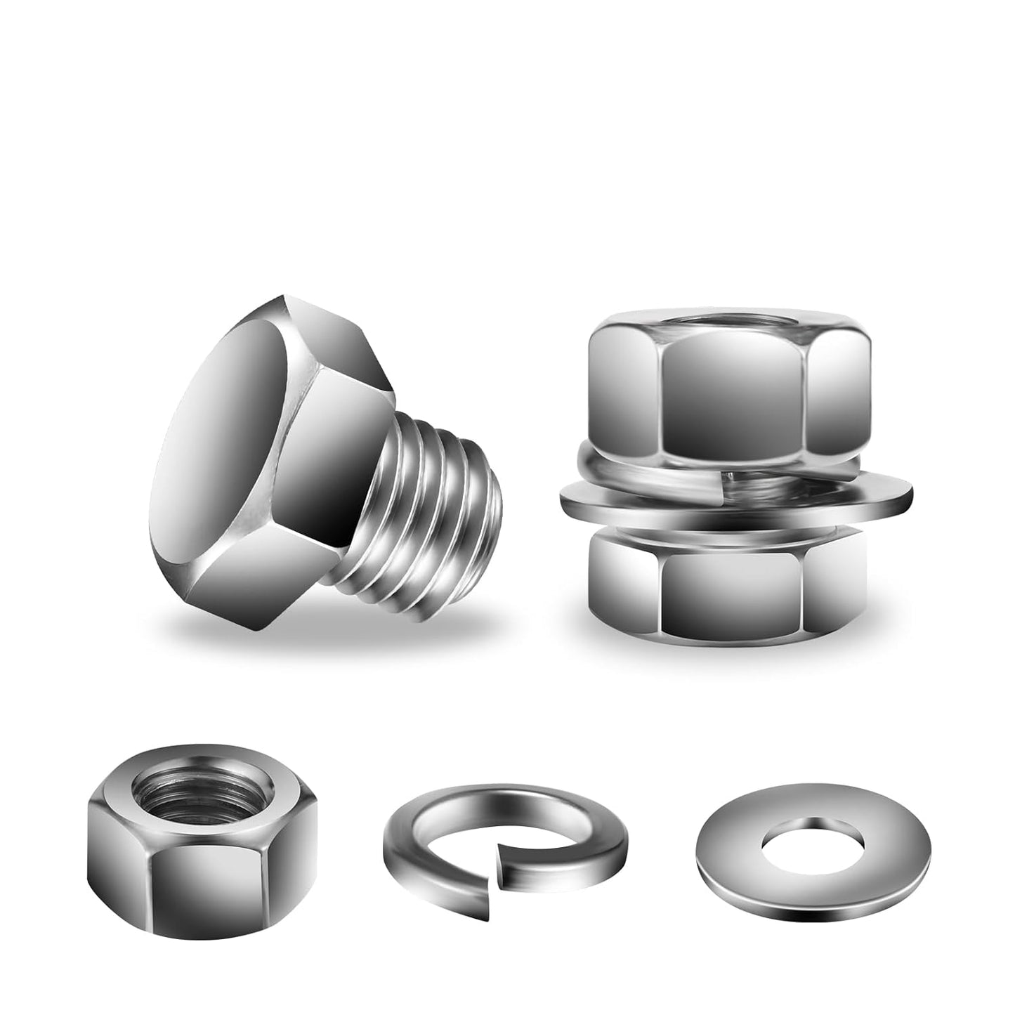 1/4-20 x 3/8" Hex Head Screw Bolt, Nuts, Flat & Lock Washers, 20Pcs 18-8 (304) Stainless Steel, Fully Threaded, by SG TZH