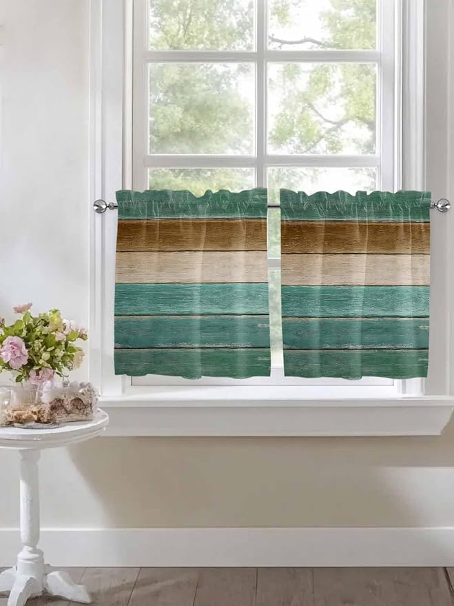 Vintage Plank Turquoise Brown Window Valance Curtains, Farmhouse Wood Grain - Image 4