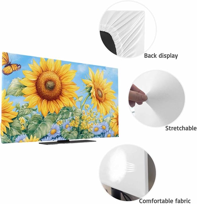Watercolor Sunflower Butterfly Flower Leaves Indoor TV Cover, Elastic TV Screen - Image 7