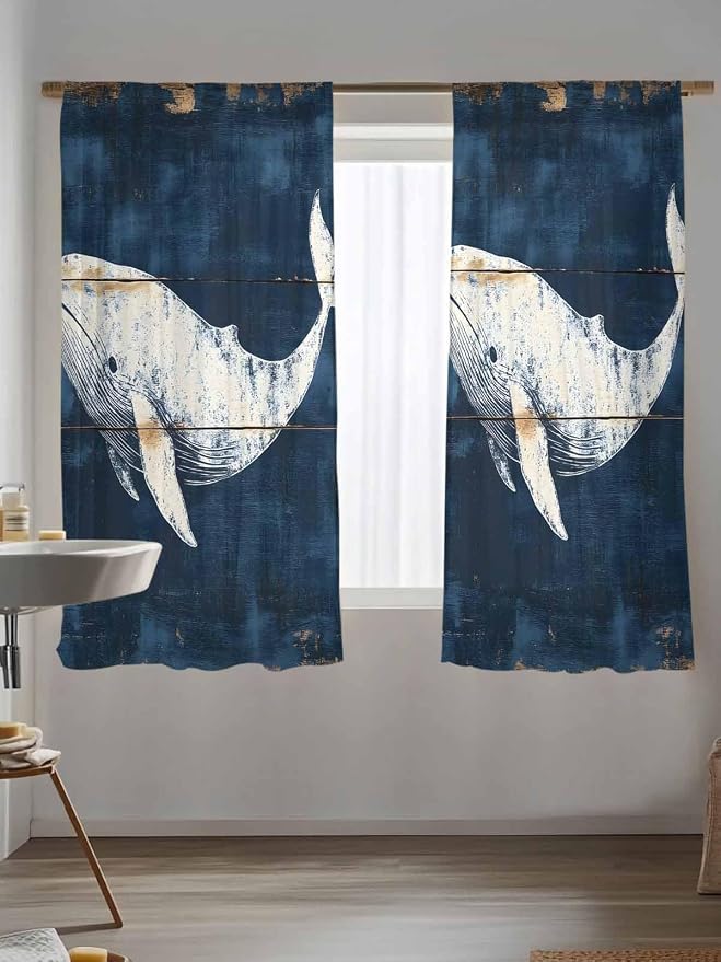 Sheer Curtains 63 Inch Length, Ocean Whale Blue Semi Sheer Curtains Light - Image 5