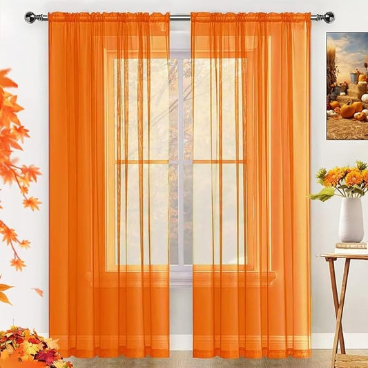 SpaceDresser Basic Rod Pocket Sheer Voile Window Curtain Panels White 1 Pair 2 Panels 60 Width 96 Inch Long for Kitchen Bedroom Children Living Room Yard(Orange,60 W x 96 L)