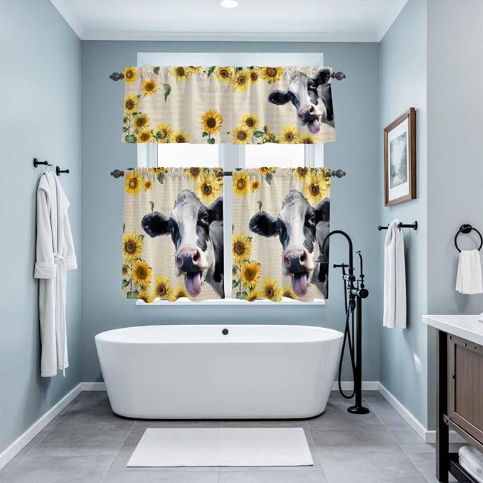 Kitchen Curtains Tiers and Valance Set of 3, Cow Sunflowers Light Filtering - Image 9