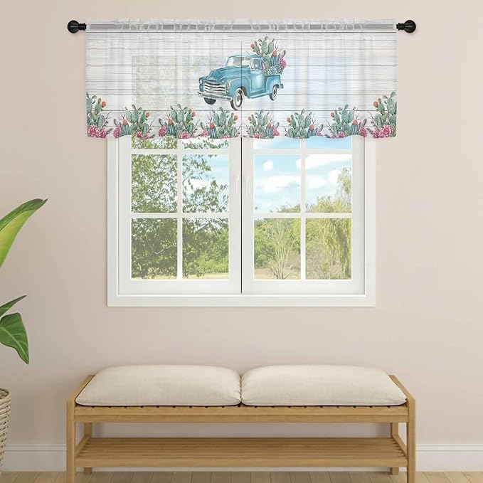 Farmhouse Sheer Valance Curtains, Summer Blue Car - Image 4
