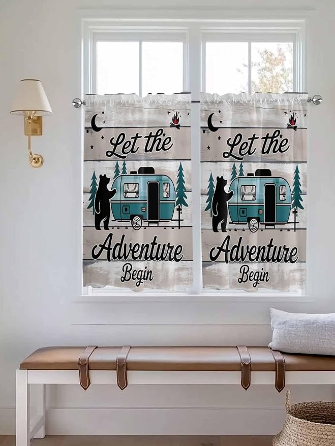 Farmhouse Bear Camper Van Tree Window Valance Curtains, Vintage Wood Grain by IDOWMAT