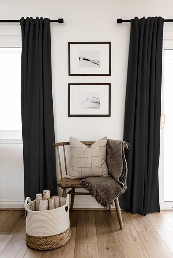 100% Blackout Shield Linen Blackout Curtains for Bedroom 96 Inches Long, Back Tab/Rod Pocket Living Room Drapes, Thermal Insulated Blackout Curtains 2 Panels Set, 50" W x 96" L, Black