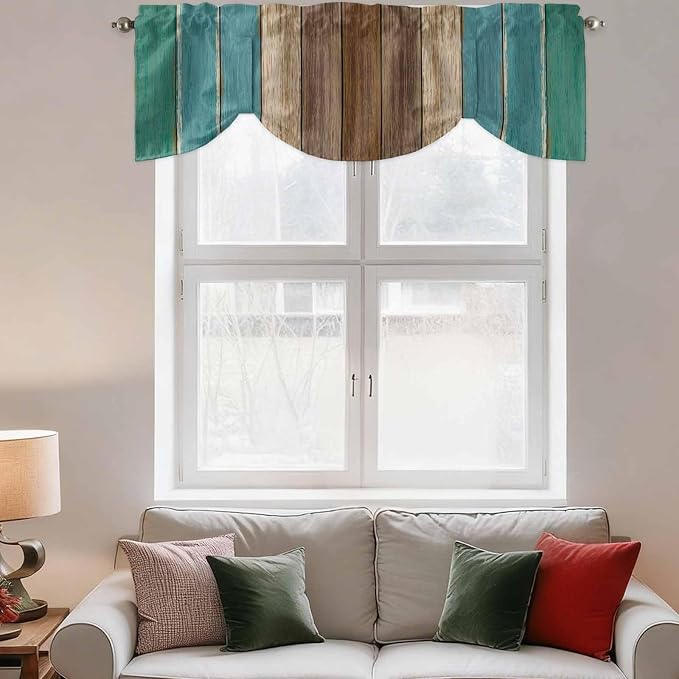 Teal Blue Brown Tie Up Valance Curtains - Image 3