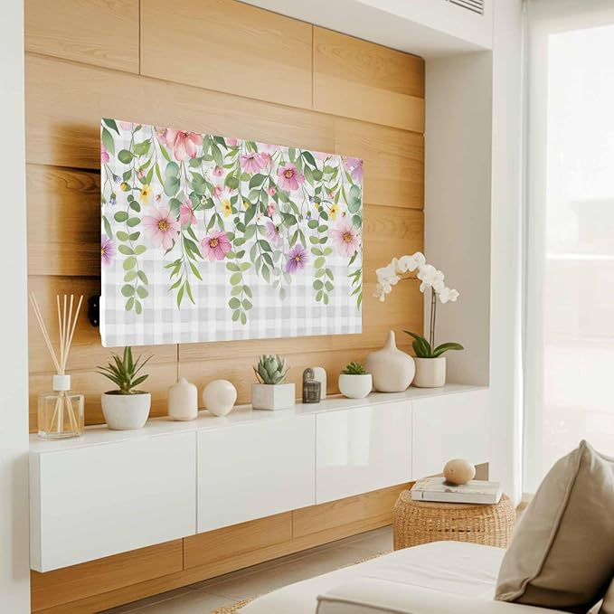 Country Spring Flowers Indoor TV Cover, Elastic TV Screen Protector Gray White - Image 2