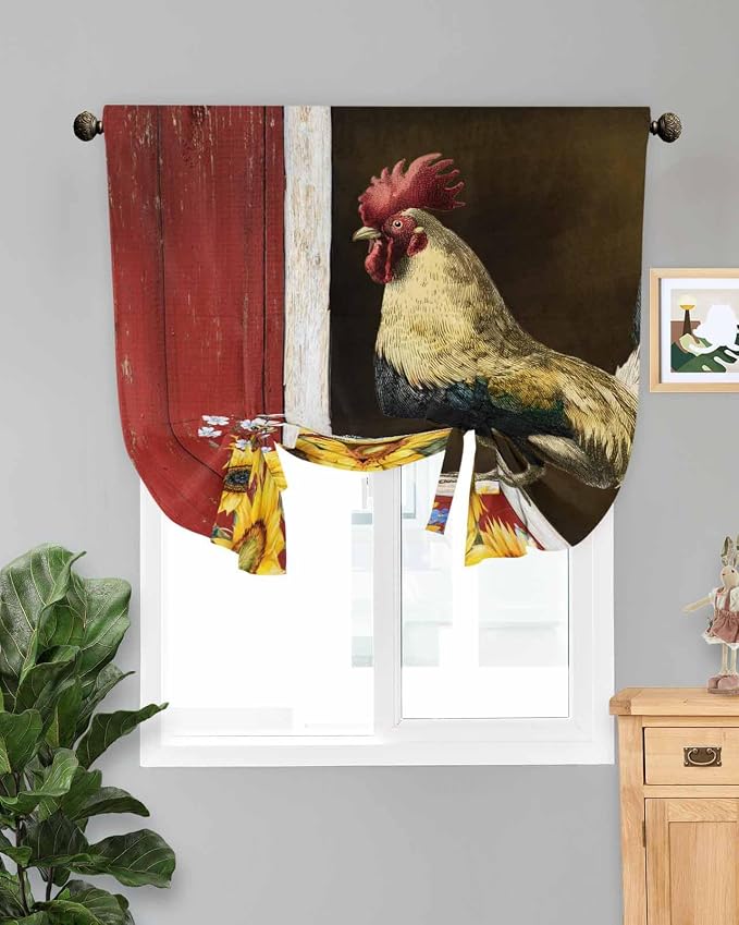 Tie Up Curtains for Windows, Chicken Sunflowers Adjustable Balloon Nature Linen by Anzona