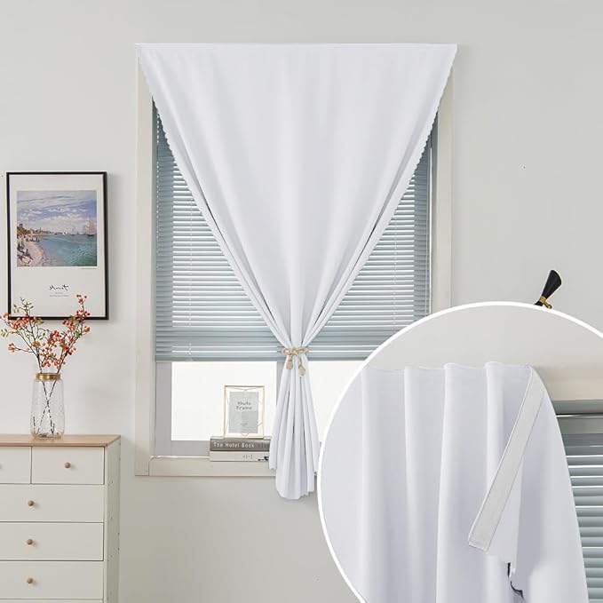 Self Adhesive Curtains Portable Blackout Curtain Simple and Easy to Install Bedroom Window Thermal Lnsulated Kitchen Room Darkening Black Small Drapes, 47" W X 84" L, White, 1 Panel