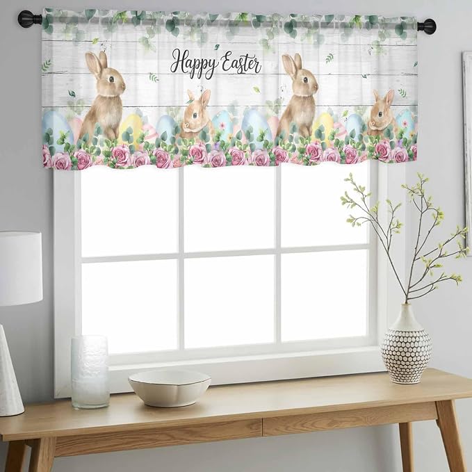 Easter Sheer Valances for Windows 54"x18", Light Filtering Kitchen Curtains - Image 2