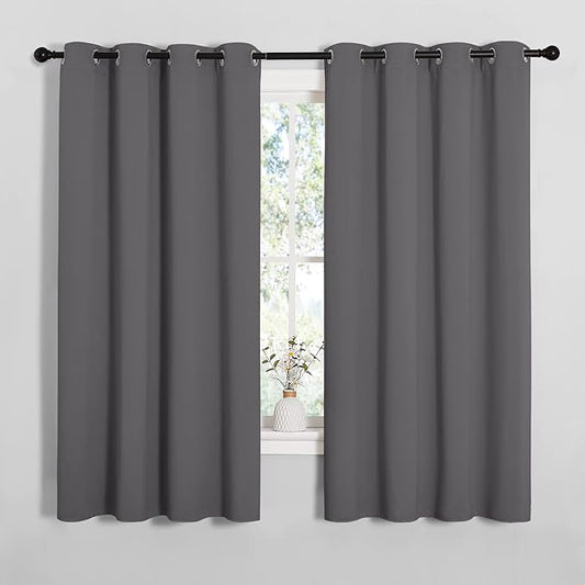 NICETOWN Grey Blackout Curtain Panels for Bedroom, 2 Panels, W55 x L57-inch, Grey, Thermal Insulated Grommet Top Blackout Draperies and Drapes for Basement