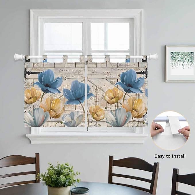 Blue Yellow Tulips Kitchen Curtains 24 Inch Length, Small Window Curtains Tab - Image 4