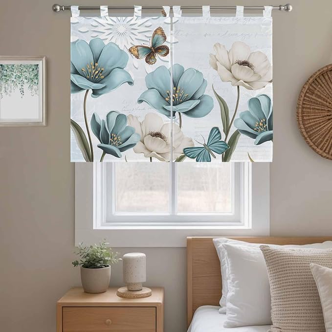 Blue Tulips Bedroom Curtains 63 Inch Length, Window Curtains Tab Top, - Image 9