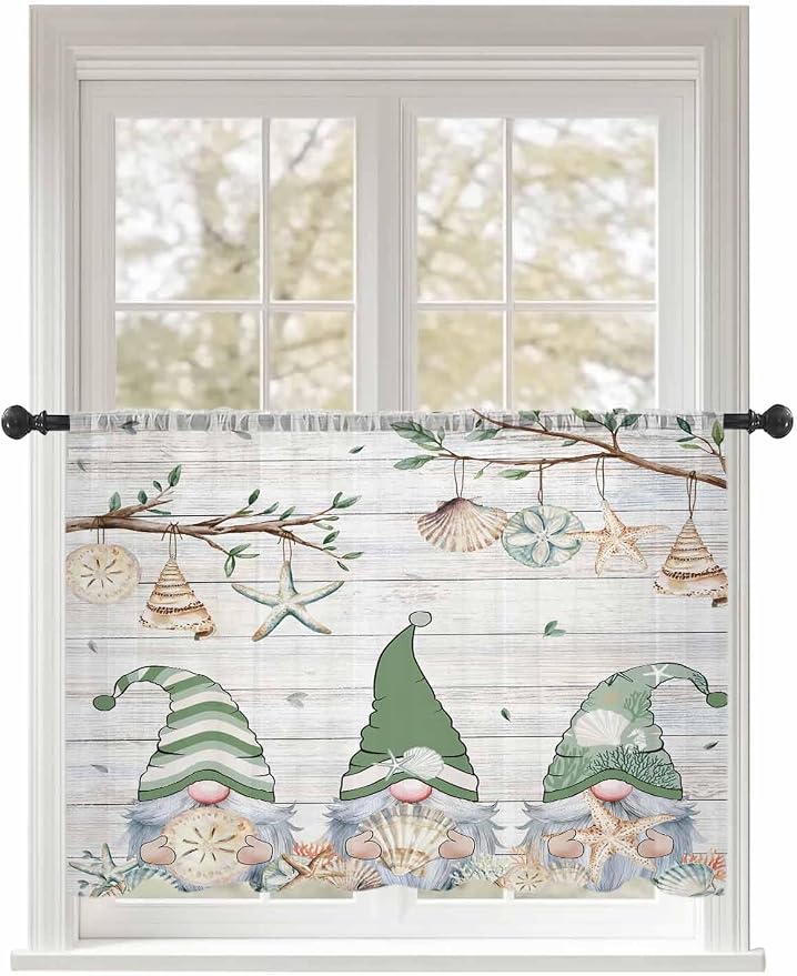 Sheer Curtains 45 Inch Length, Sage Green Gnomes Semi Sheer Curtains Light by Unknown
